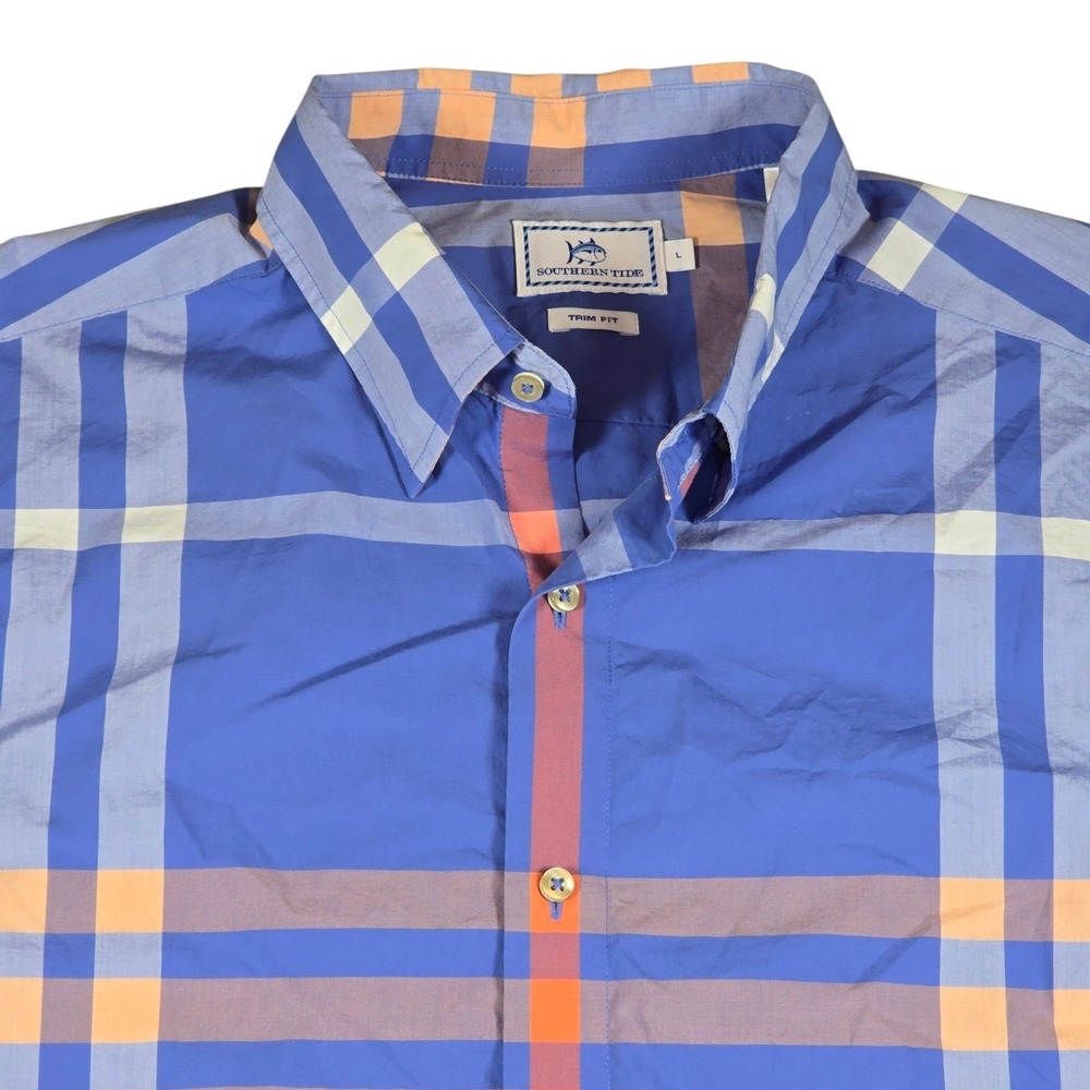 Southern Tide Blue Orange Plaid Check Trim Fit Button Down L/S Dress Shirt Men L - Picture 2 of 8